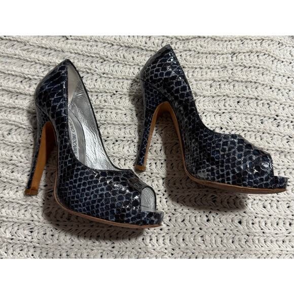 Luciano Padovan Heels Peep Toe Reptile Snake Print Women 37.5 Leather Italy Blue - Picture 6 of 11